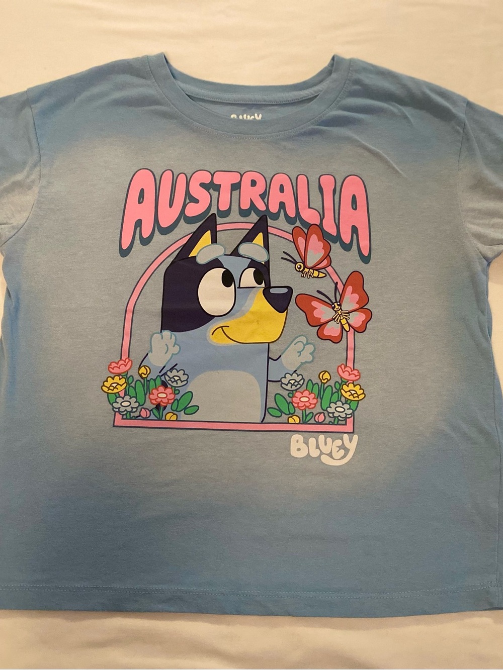 Bluey Large 10-12 Kids Girl Tee Wash Blue T-Shirt Short Sleeve Cotton Polyester